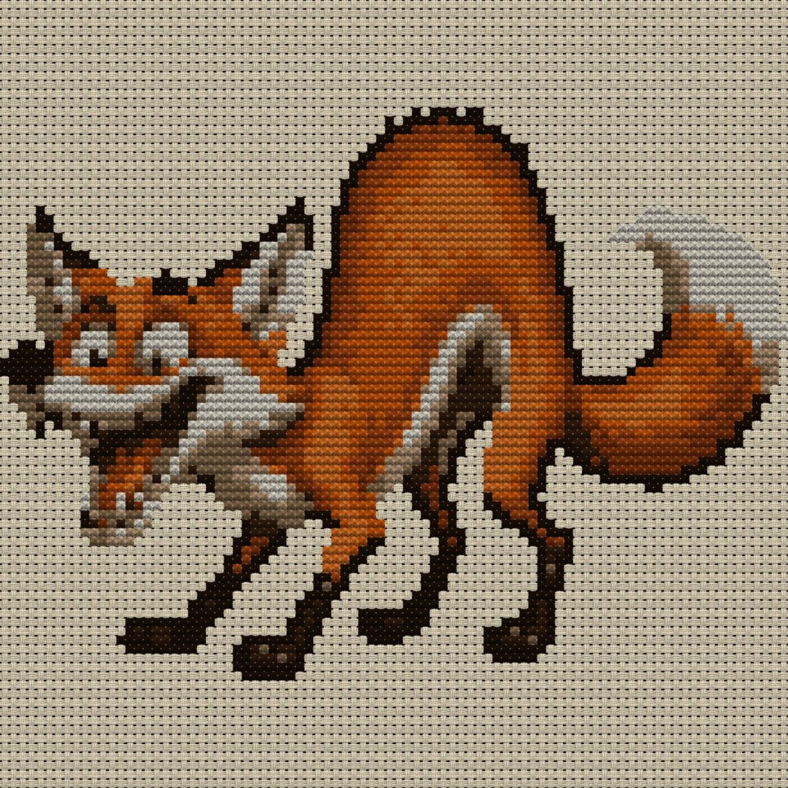 clever-fox full cross stitch design mockup without frame, realistic embroidery preview