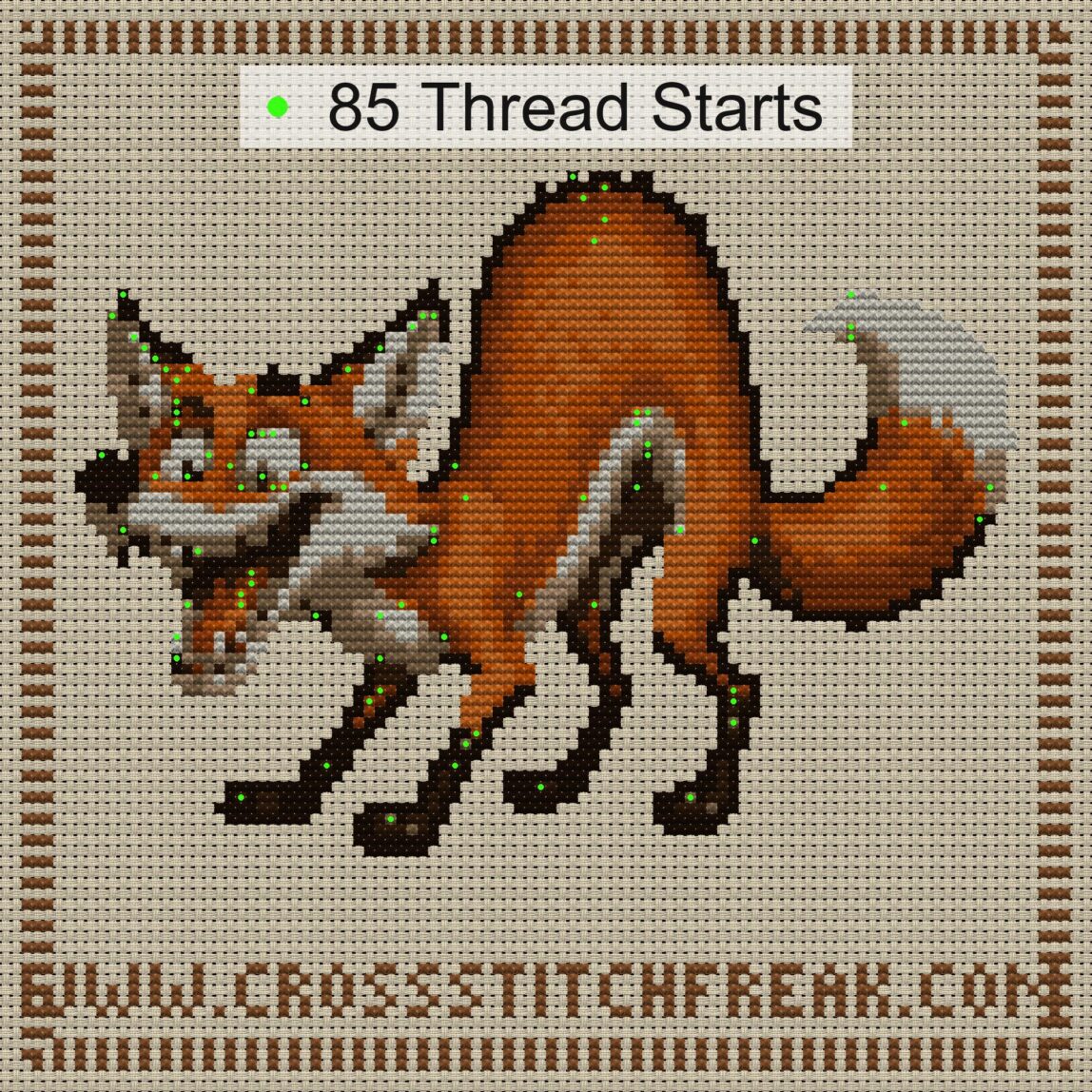 clever-fox cross stitch start point map with highlighted thread start positions in the full design