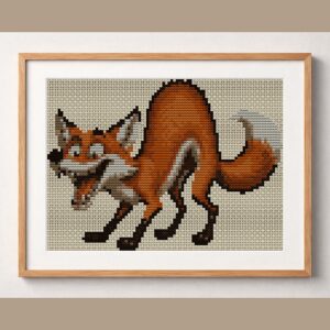 clever-fox framed cross stitch mockup, realistic finished embroidery design, PDF pattern digital download