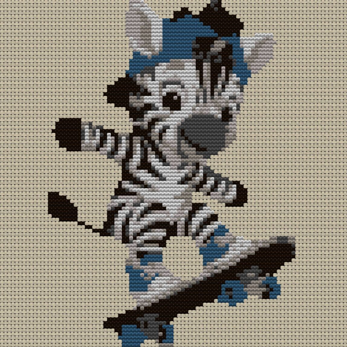 baby-zebra-skateboarding full cross stitch design mockup without frame, realistic embroidery preview