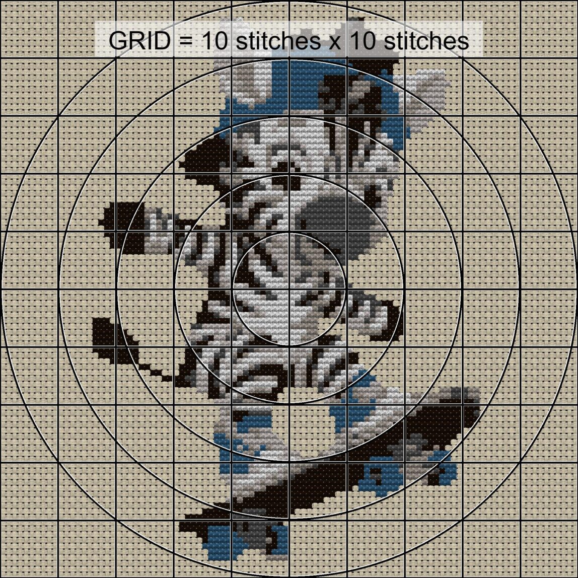 baby-zebra-skateboarding close-up cross stitch detail showing color changes, confetti areas and stitch texture