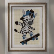 baby-zebra-skateboarding alternative framed cross stitch mockup, realistic finished embroidery presentation