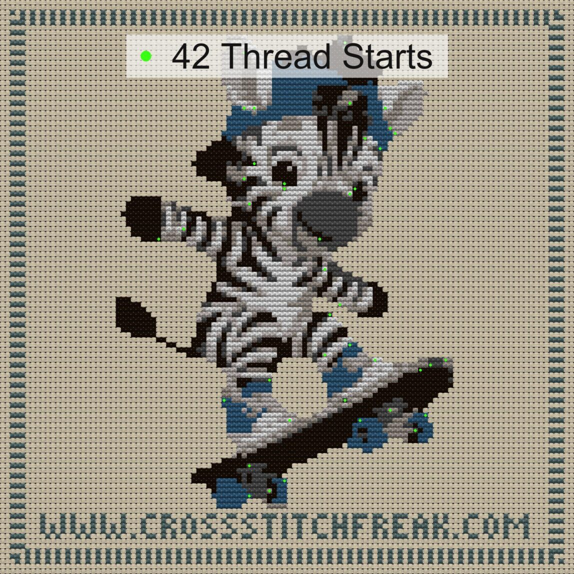 baby-zebra-skateboarding cross stitch start point map with highlighted thread start positions in the full design