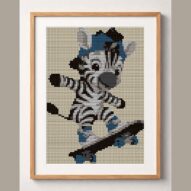 baby-zebra-skateboarding framed cross stitch mockup, realistic finished embroidery design, PDF pattern digital download
