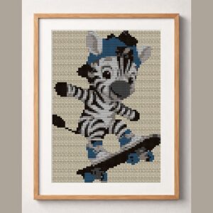 baby-zebra-skateboarding framed cross stitch mockup, realistic finished embroidery design, PDF pattern digital download