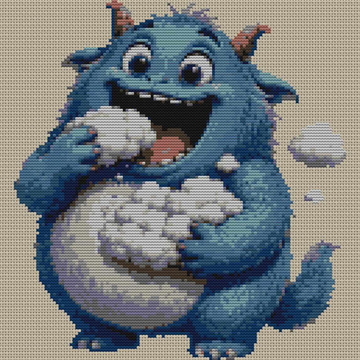 cloud-eater full cross stitch design mockup without frame, realistic embroidery preview