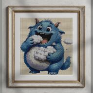 cloud-eater alternative framed cross stitch mockup, realistic finished embroidery presentation
