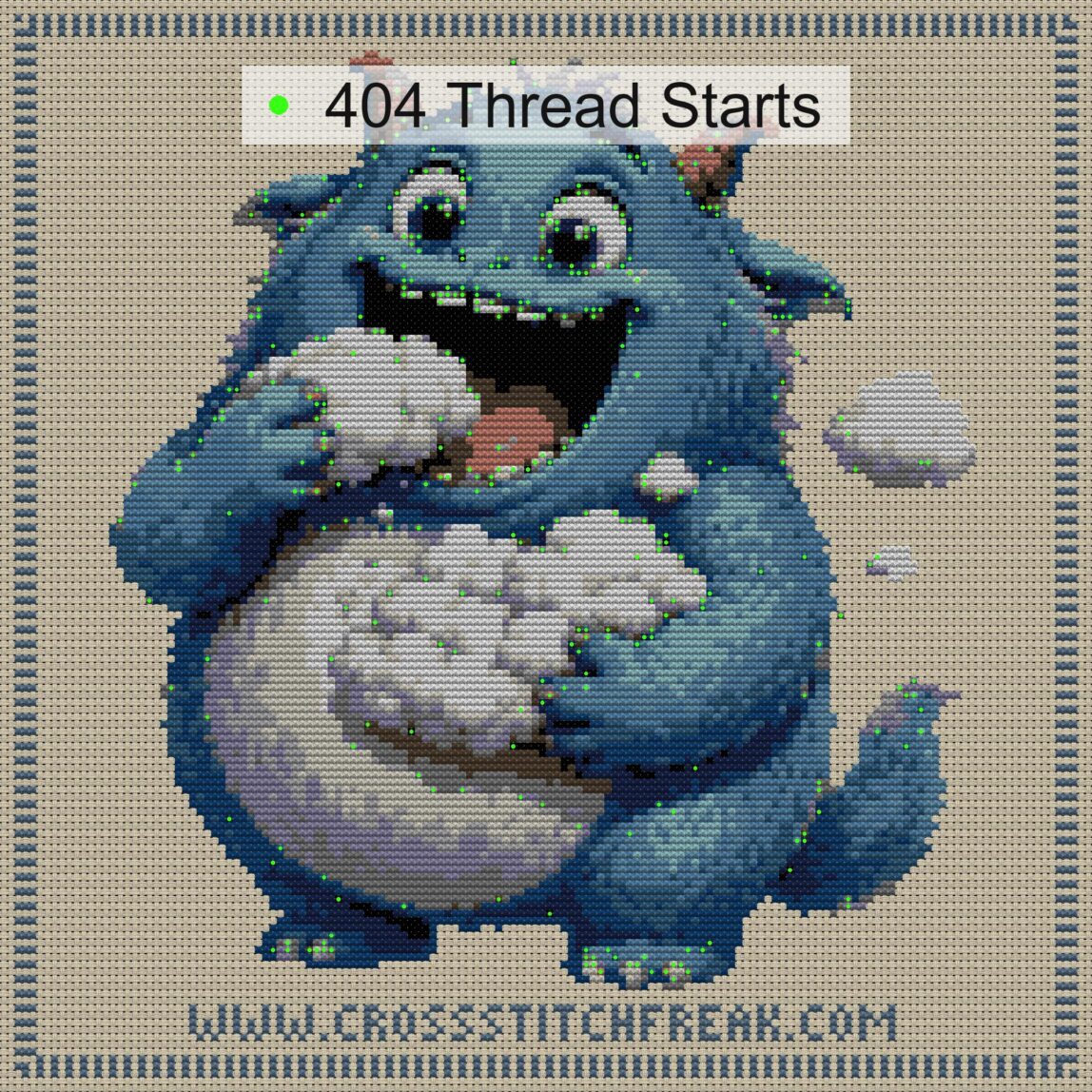cloud-eater cross stitch start point map with highlighted thread start positions in the full design