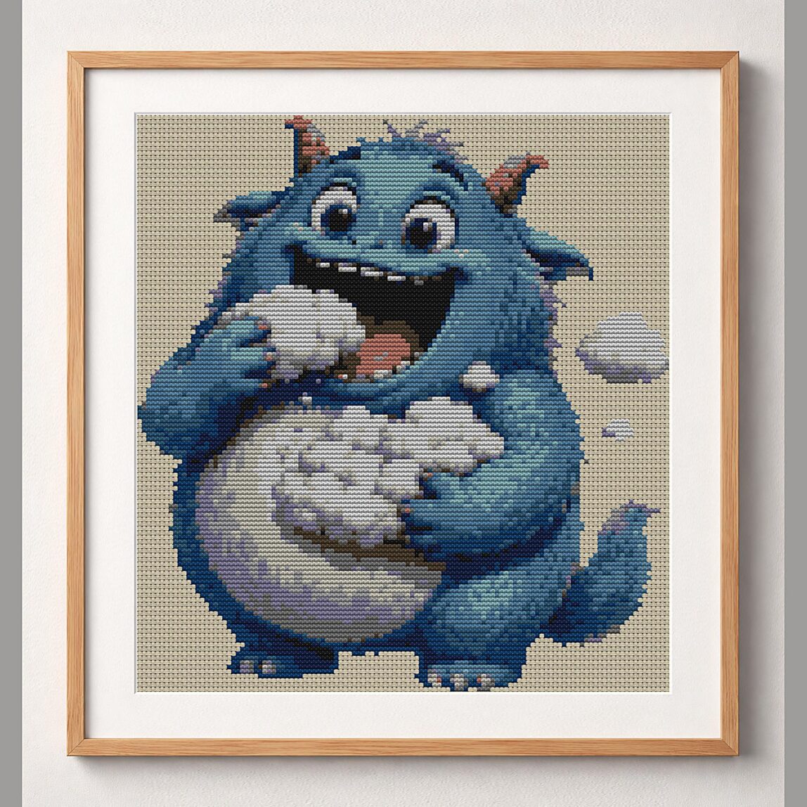 cloud-eater framed cross stitch mockup, realistic finished embroidery design, PDF pattern digital download