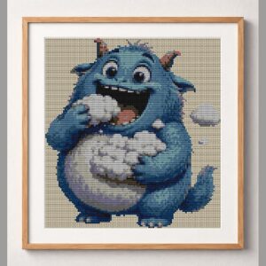 cloud-eater framed cross stitch mockup, realistic finished embroidery design, PDF pattern digital download