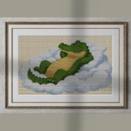 crocodile-in-cloud-bed alternative framed cross stitch mockup, realistic finished embroidery presentation