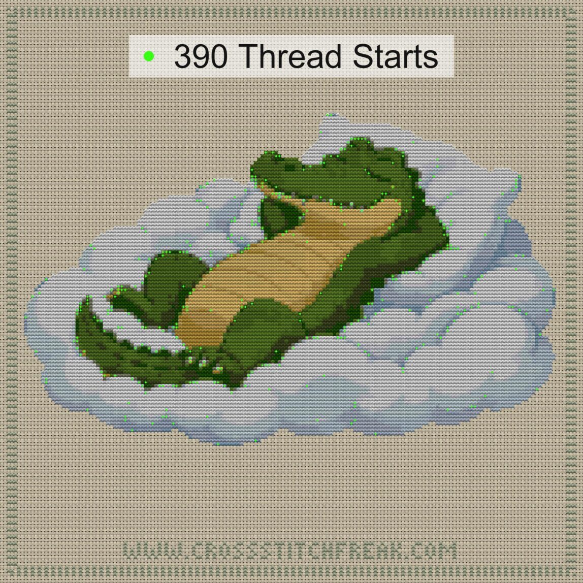 crocodile-in-cloud-bed thread start point map crocodile-in-cloud-bed cross stitch start point map with highlighted thread start positions in the full design