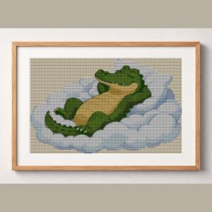 crocodile-in-cloud-bed framed cross stitch mockup, realistic finished embroidery design, PDF pattern digital download