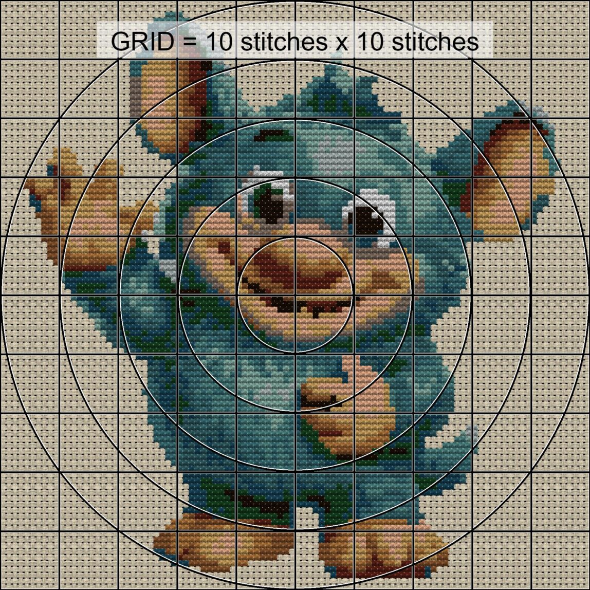 cute-monster close-up cross stitch detail showing color changes, confetti areas and stitch texture