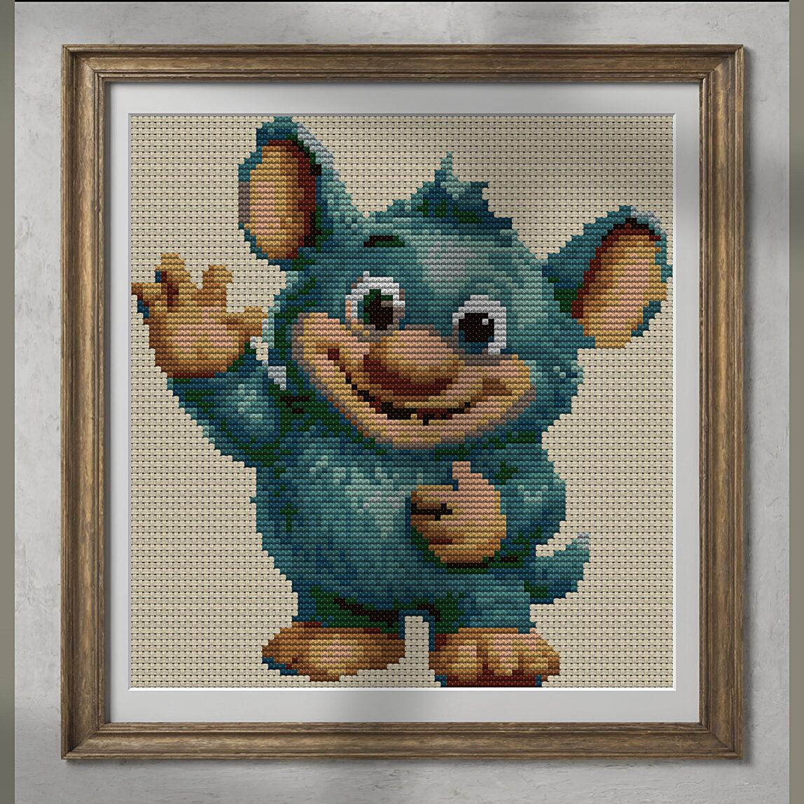 cute-monster alternative framed cross stitch mockup, realistic finished embroidery presentation