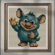 cute-monster alternative framed cross stitch mockup, realistic finished embroidery presentation