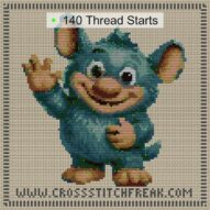 cute-monster cross stitch start point map with highlighted thread start positions in the full design