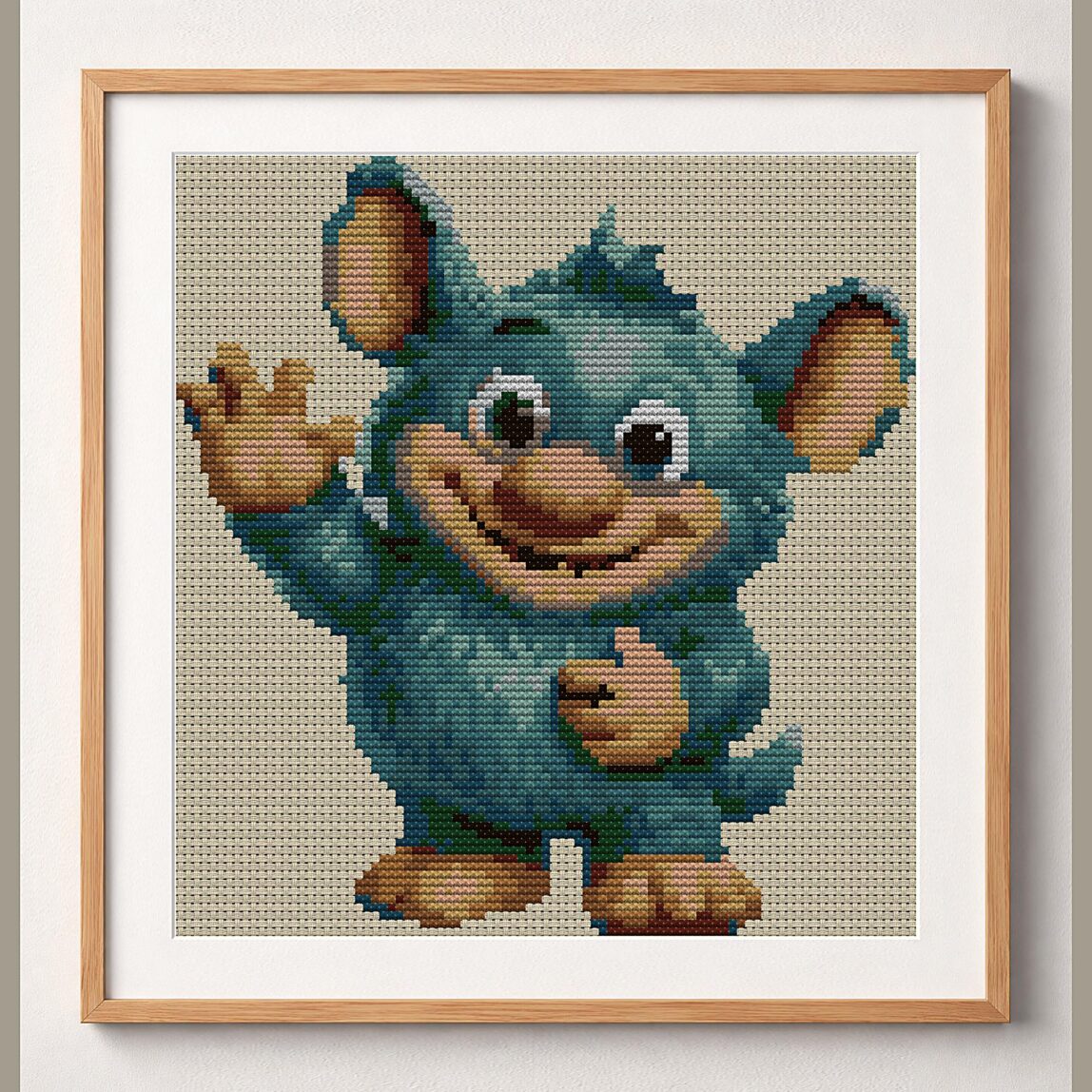 cute-monster framed cross stitch mockup, realistic finished embroidery design, PDF pattern digital download