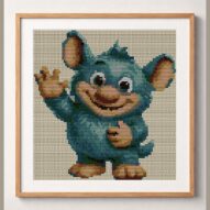 cute-monster framed cross stitch mockup, realistic finished embroidery design, PDF pattern digital download