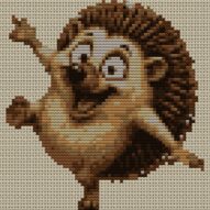 dancing-hedgehog full cross stitch design mockup without frame, realistic embroidery preview