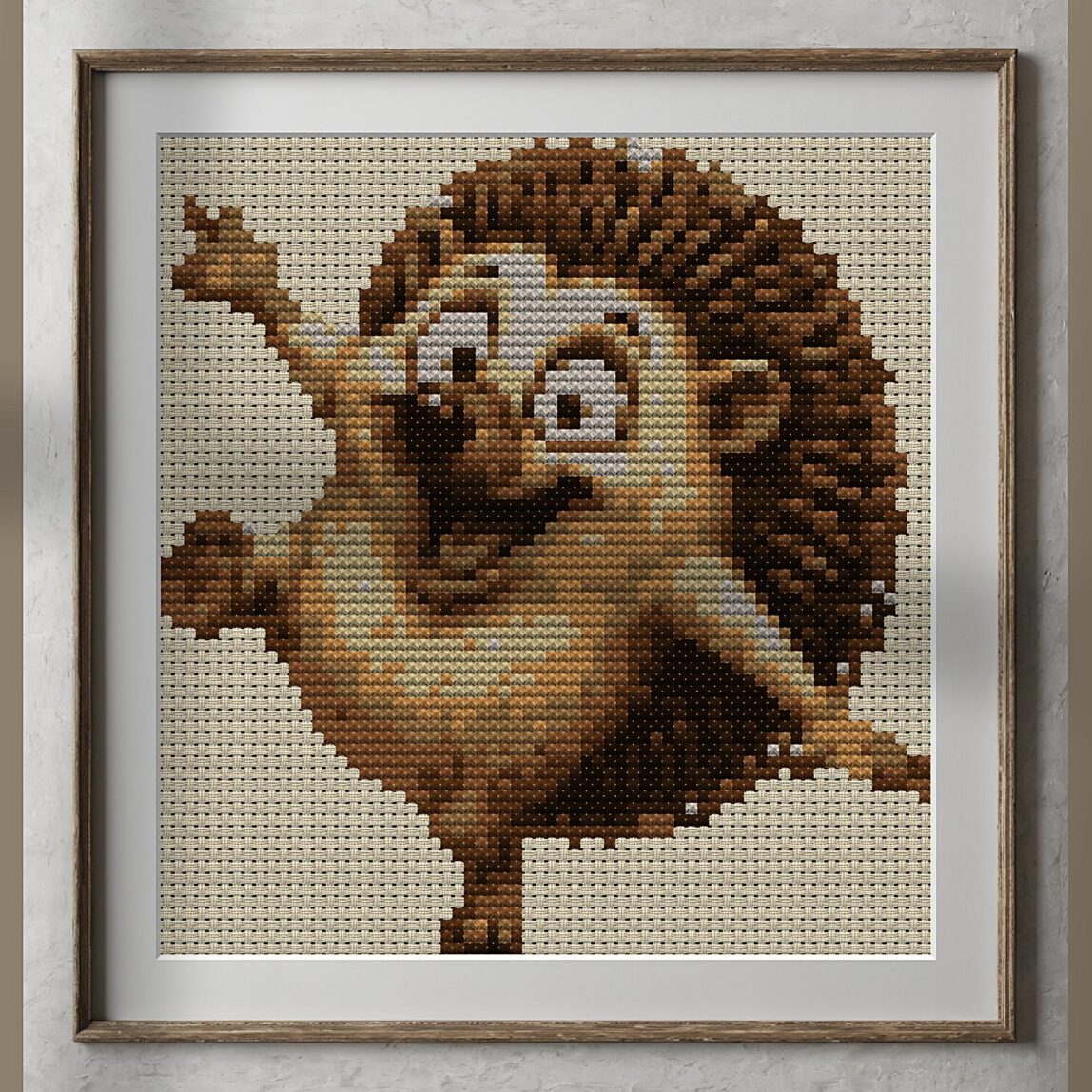 dancing-hedgehog alternative framed cross stitch mockup, realistic finished embroidery presentation