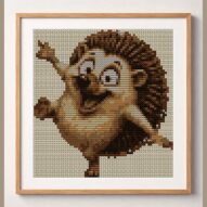 dancing-hedgehog framed cross stitch mockup, realistic finished embroidery design, PDF pattern digital download