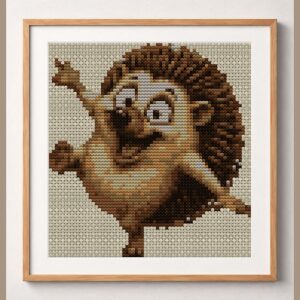 dancing-hedgehog framed cross stitch mockup, realistic finished embroidery design, PDF pattern digital download