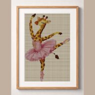 giraffe-dancing-ballet framed cross stitch mockup, realistic finished embroidery design, PDF pattern digital download