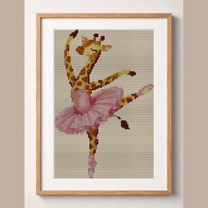 giraffe-dancing-ballet framed cross stitch mockup, realistic finished embroidery design, PDF pattern digital download