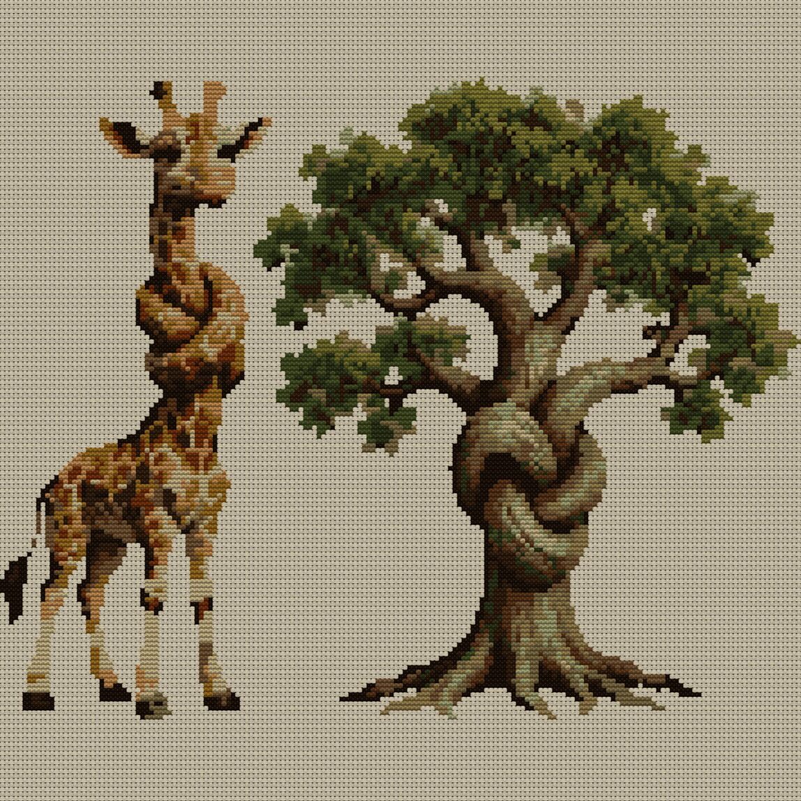 giraffe-tree-knot full cross stitch design mockup without frame, realistic embroidery preview