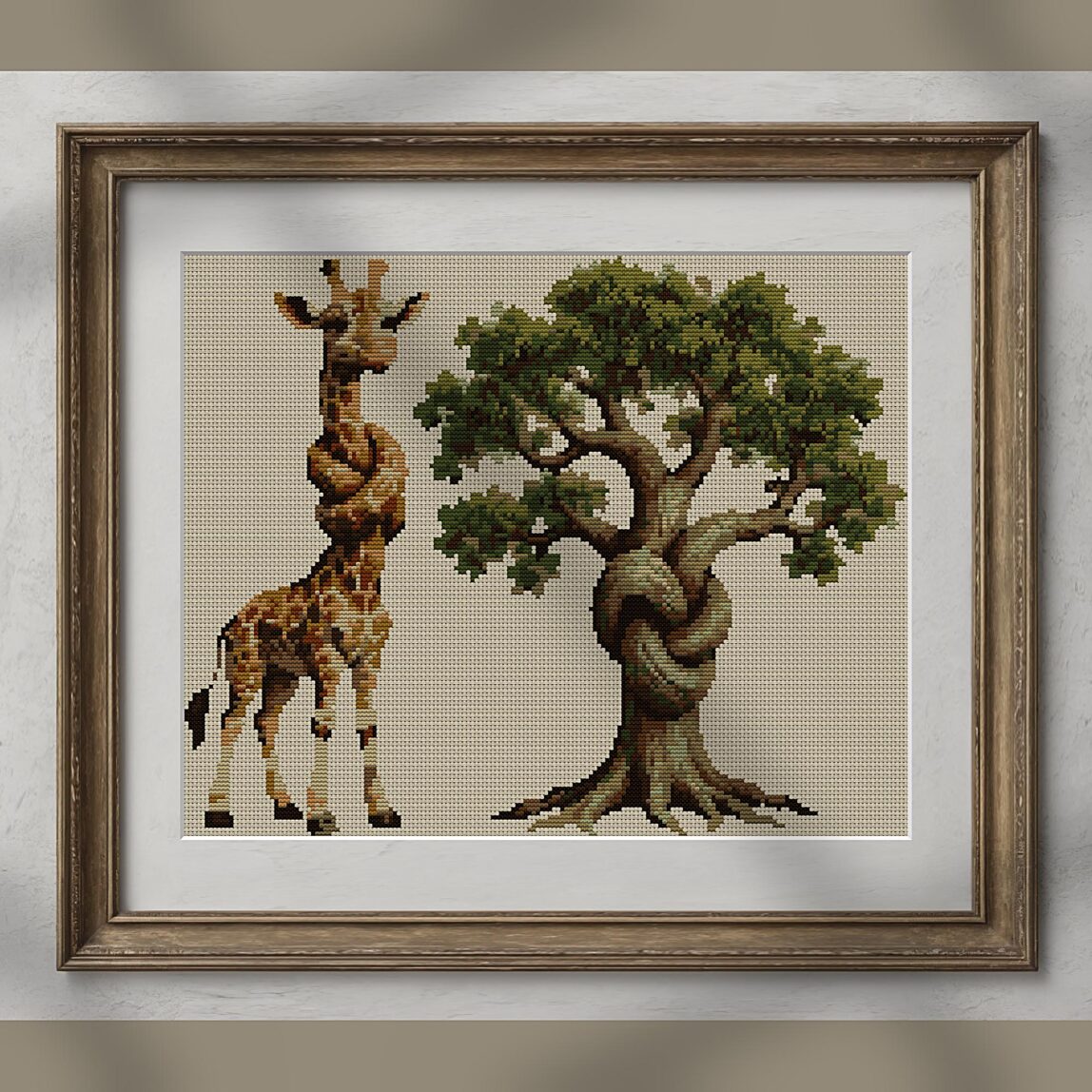 giraffe-tree-knot alternative framed cross stitch mockup, realistic finished embroidery presentation