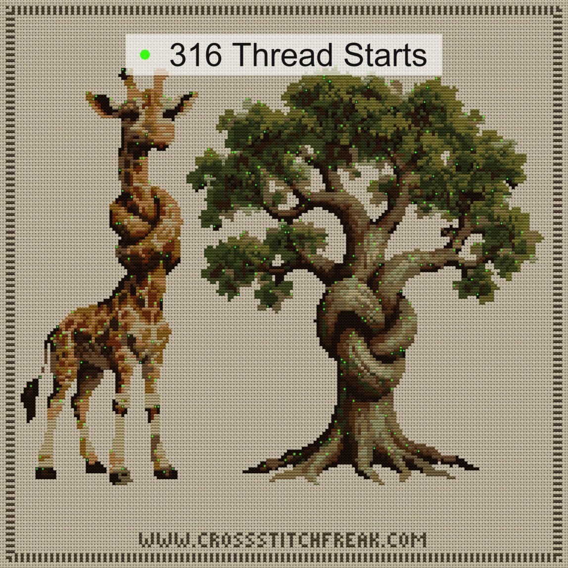 giraffe-tree-knot cross stitch start point map with highlighted thread start positions in the full design