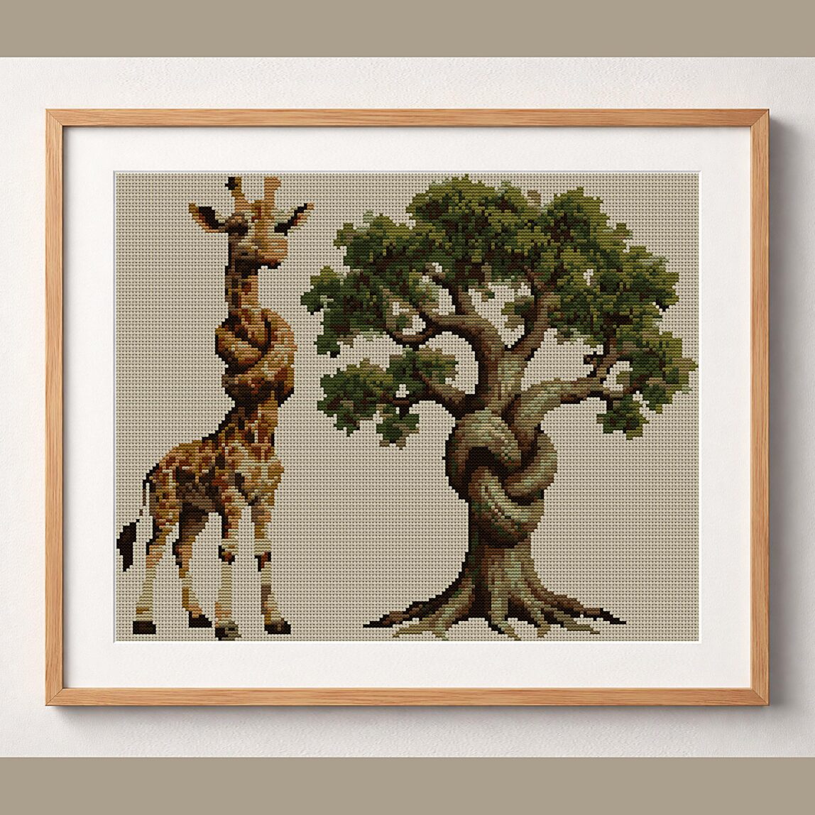giraffe-tree-knot framed cross stitch mockup, realistic finished embroidery design, PDF pattern digital download