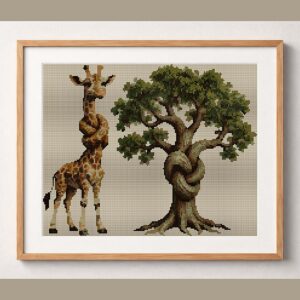 giraffe-tree-knot framed cross stitch mockup, realistic finished embroidery design, PDF pattern digital download