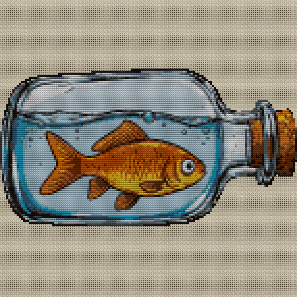 goldfish-in-bottle full design mockup without frame goldfish-in-bottle full cross stitch design mockup without frame, realistic embroidery preview