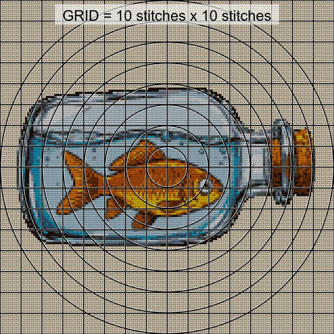 goldfish-in-bottle zoomed stitching detail goldfish-in-bottle close-up cross stitch detail showing color changes, confetti areas and stitch texture