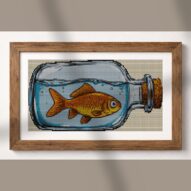goldfish-in-bottle alternative framed cross stitch mockup, realistic finished embroidery presentation