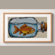 goldfish-in-bottle framed cross stitch mockup, realistic finished embroidery design, PDF pattern digital download
