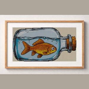 goldfish-in-bottle framed cross stitch mockup, realistic finished embroidery design, PDF pattern digital download
