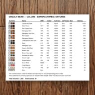 grizzly-bear thread color chart with DMC, Anchor, Sullivans, J&P Coats and Maxi color references