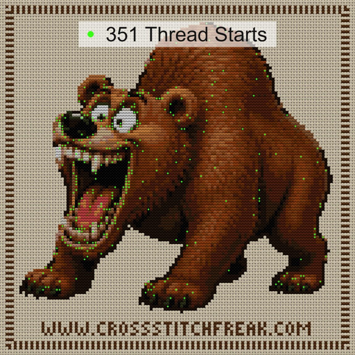 grizzly-bear cross stitch start point map with highlighted thread start positions in the full design