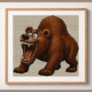 grizzly-bear framed cross stitch mockup, realistic finished embroidery design, PDF pattern digital download