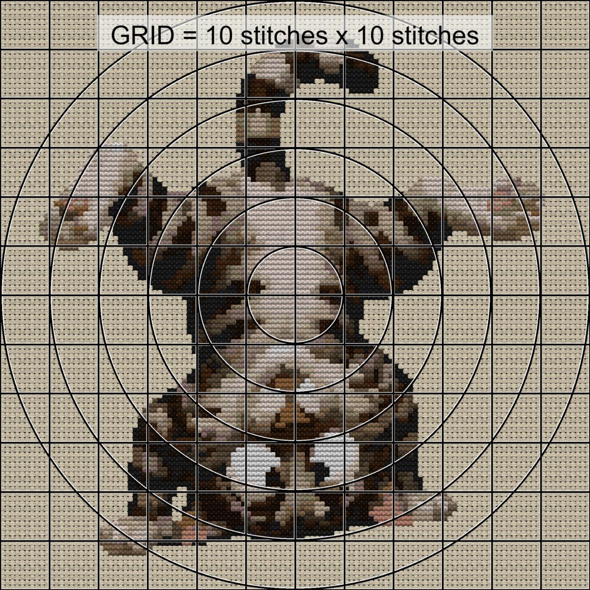 handstand-cat zoomed stitching detail handstand-cat close-up cross stitch detail showing color changes, confetti areas and stitch texture