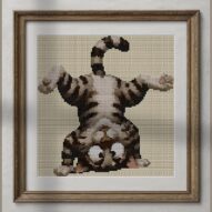 handstand-cat alternative framed cross stitch mockup, realistic finished embroidery presentation