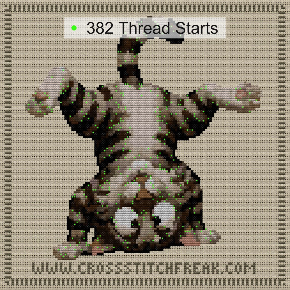 handstand-cat thread start point map handstand-cat cross stitch start point map with highlighted thread start positions in the full design