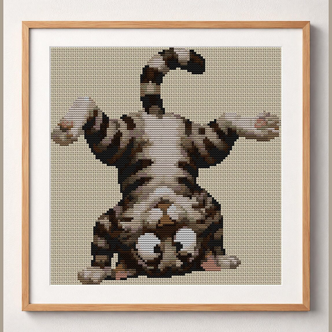 handstand-cat framed cross stitch mockup handstand-cat framed cross stitch mockup, realistic finished embroidery design, PDF pattern digital download