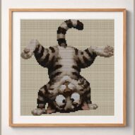 handstand-cat framed cross stitch mockup, realistic finished embroidery design, PDF pattern digital download