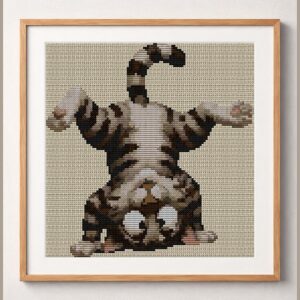 handstand-cat framed cross stitch mockup, realistic finished embroidery design, PDF pattern digital download