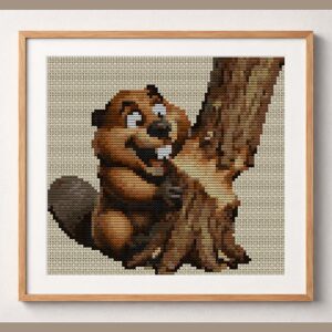 happy-beaver framed cross stitch mockup, realistic finished embroidery design, PDF pattern digital download
