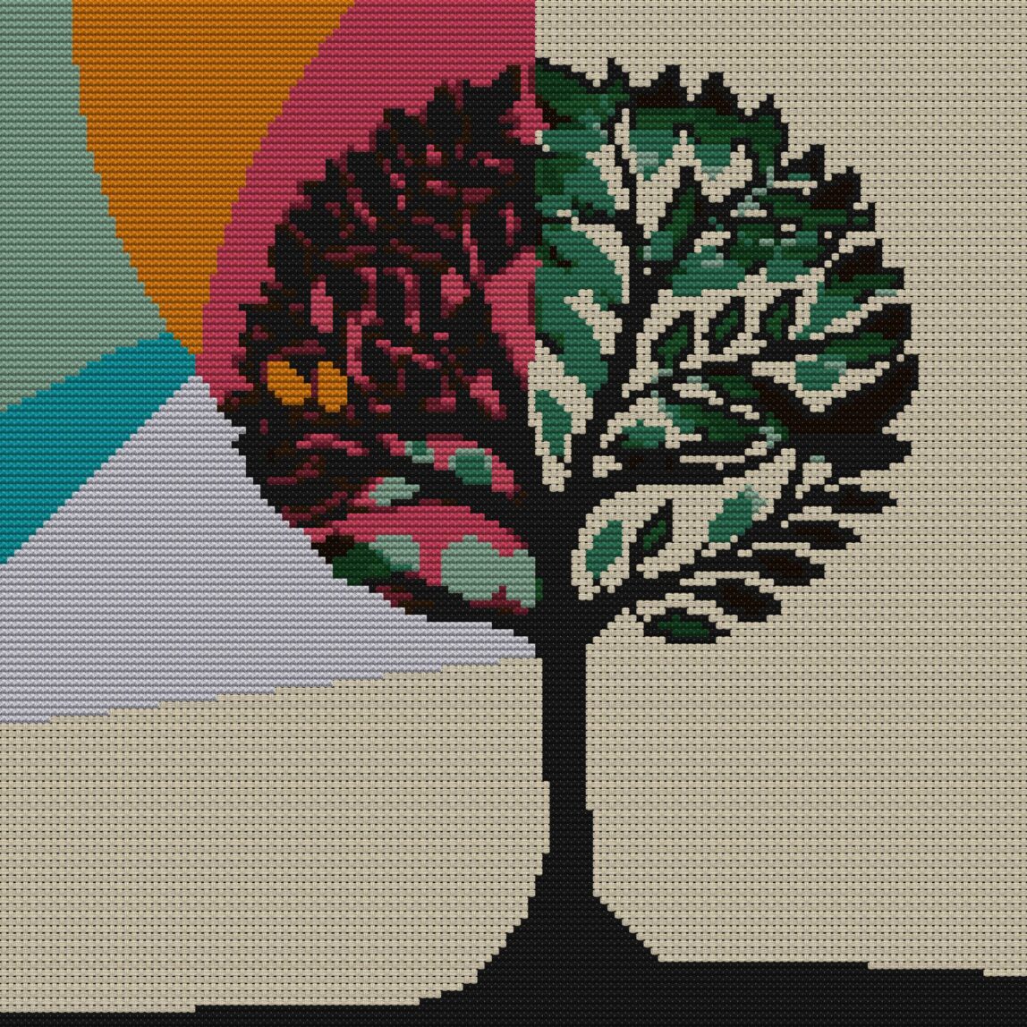 modern-tree-of-life full design mockup without frame modern-tree-of-life full cross stitch design mockup without frame, realistic embroidery preview